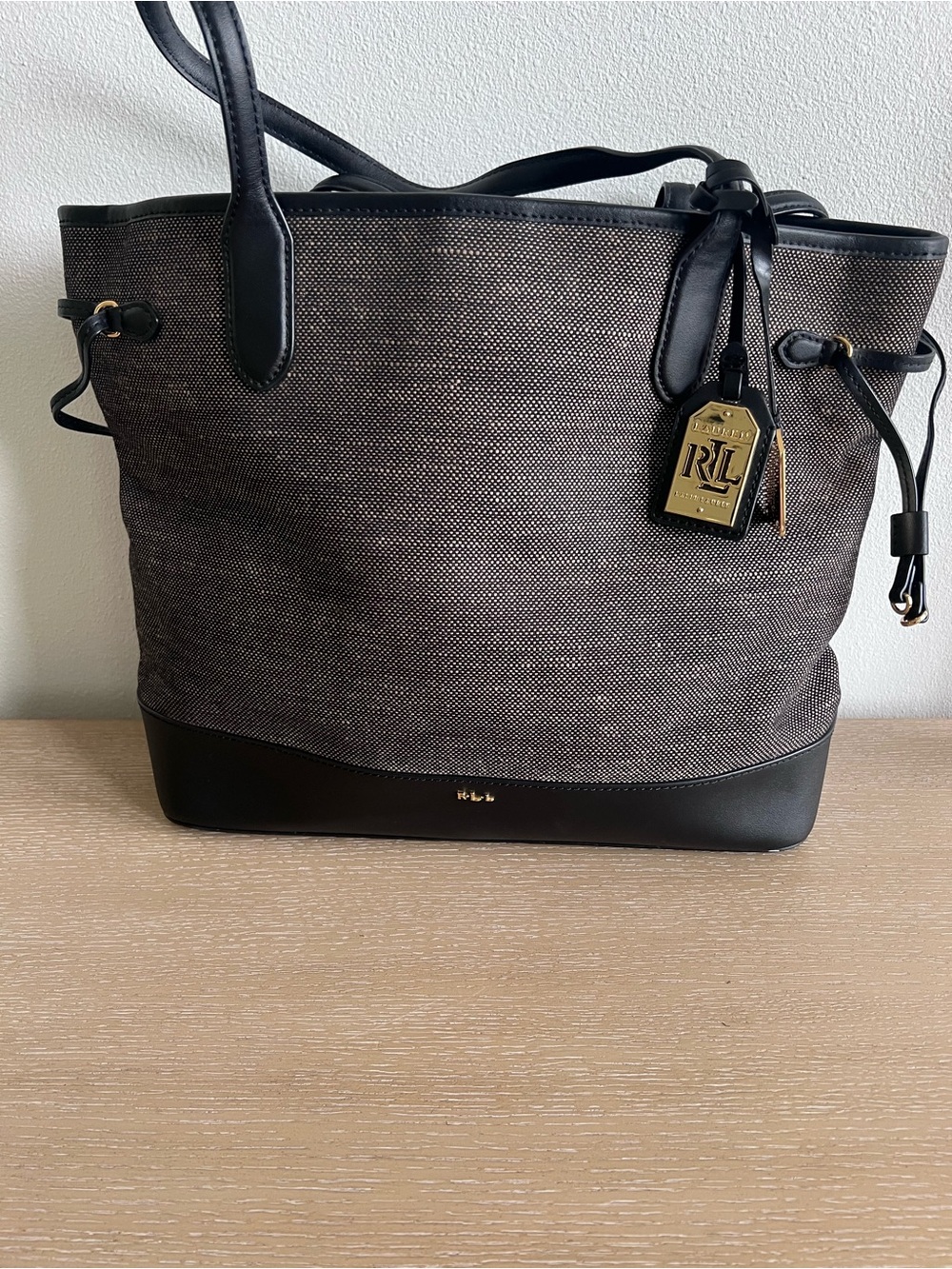 Ralph Lauren Brown Canvas Tote with Black Leather Trim